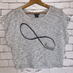 Wet Seal XS knitted crop top infinity sign love light grey shirt sleeves NWOT
